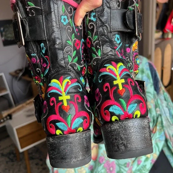 Old Gringo Klak Sugar Skull Black Leather Rainbow Biker Boots 7.5 - Picture 10 of 15